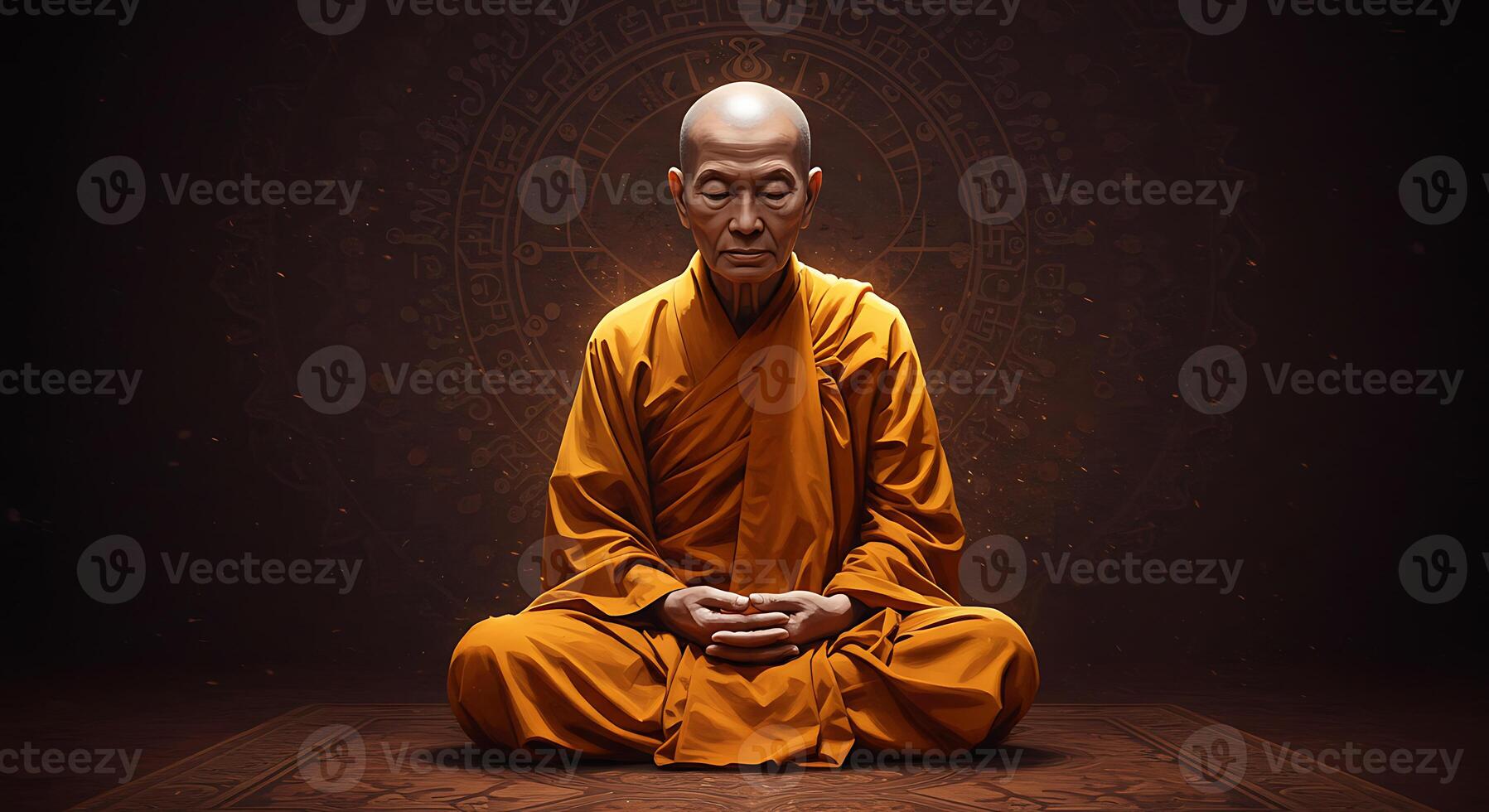 Serene Monk in Meditation A GoldenHued Spiritual Artwork photo