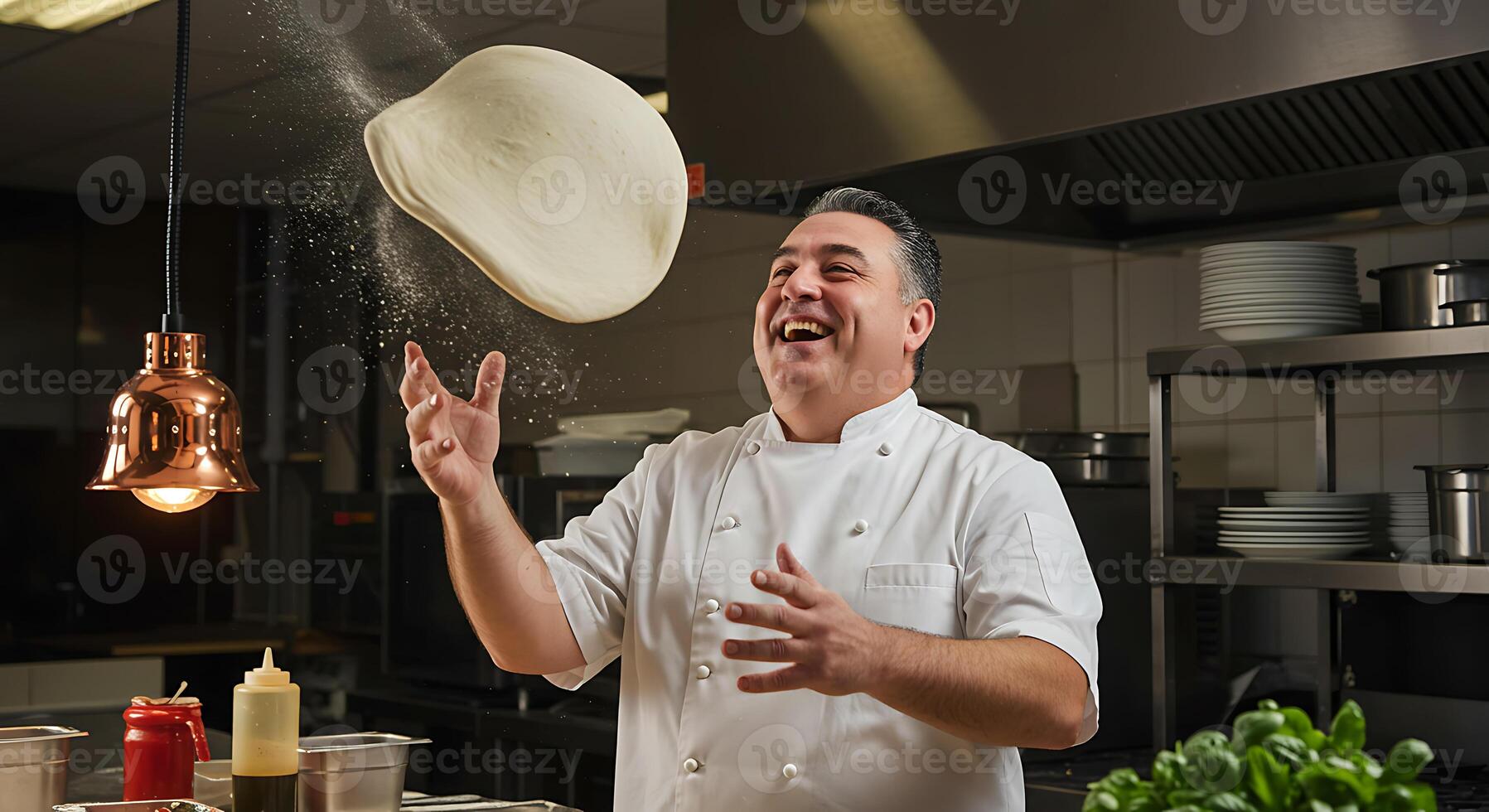 A man in a kitchen throwing a pizza dough photo