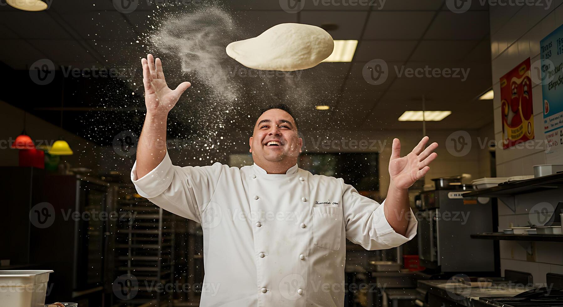 Joyful Chef Tossing Pizza Dough Flourishes of Culinary Passion photo