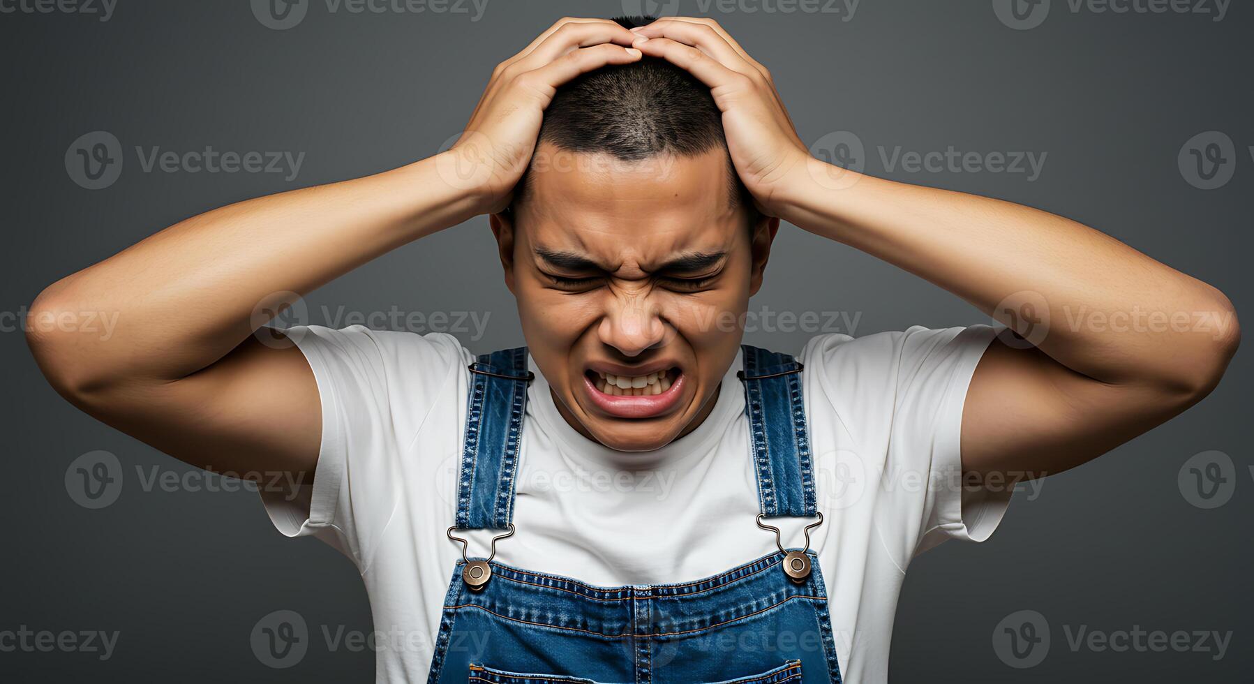Frustrated Young Man in Denim Overalls Intense Emotional Portrait photo