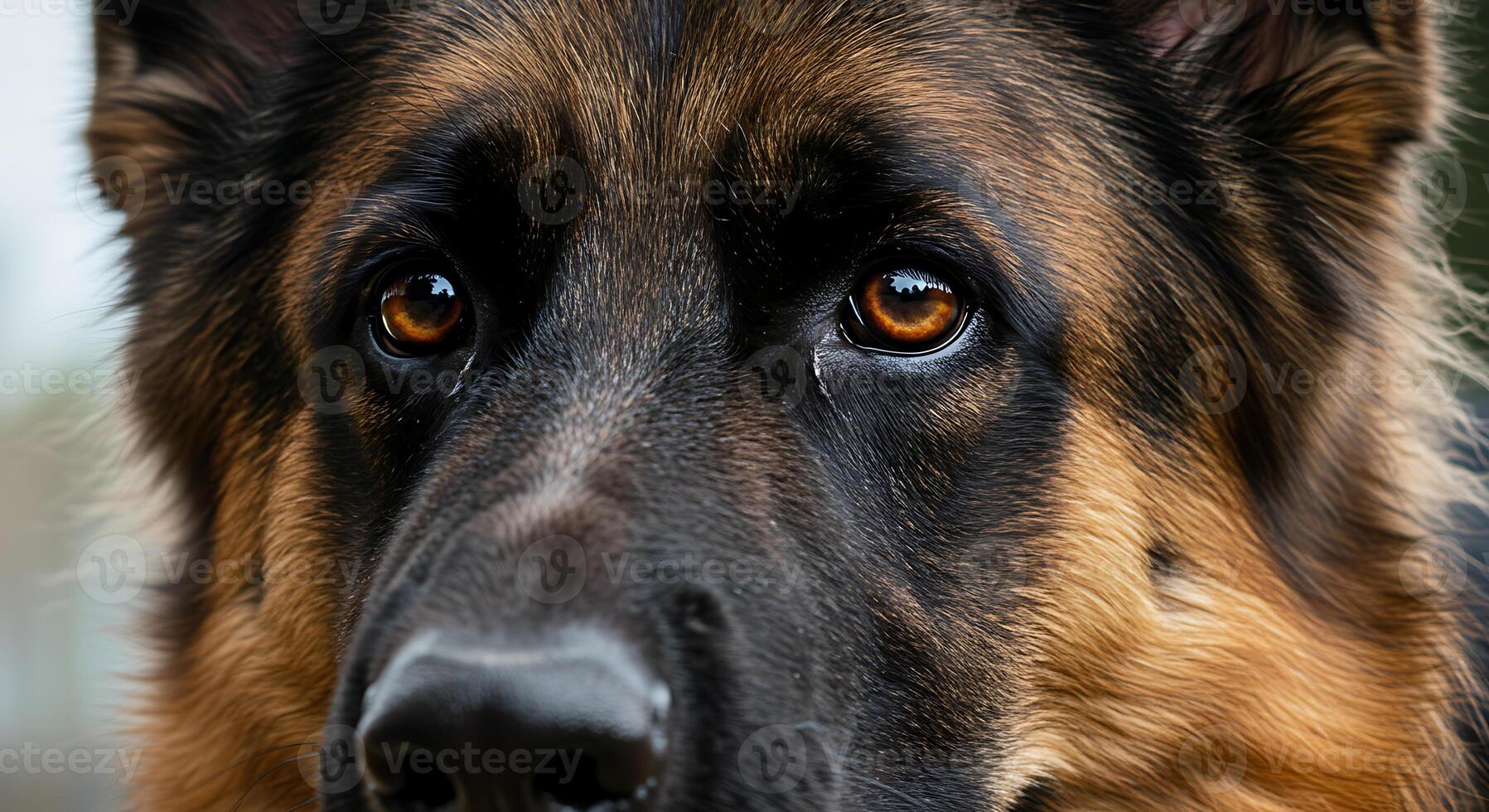 German Shepherd CloseUp Expressive Eyes Rich Fur and Melancholic Mood photo