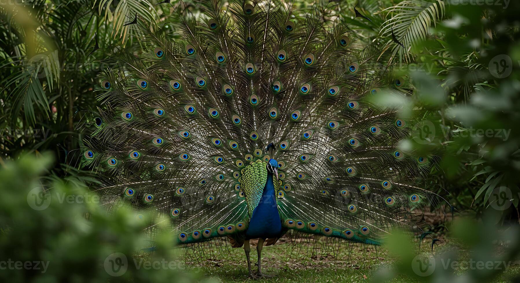 Majestic Peacock Display Vibrant Plumage in Lush Green Foliage photo