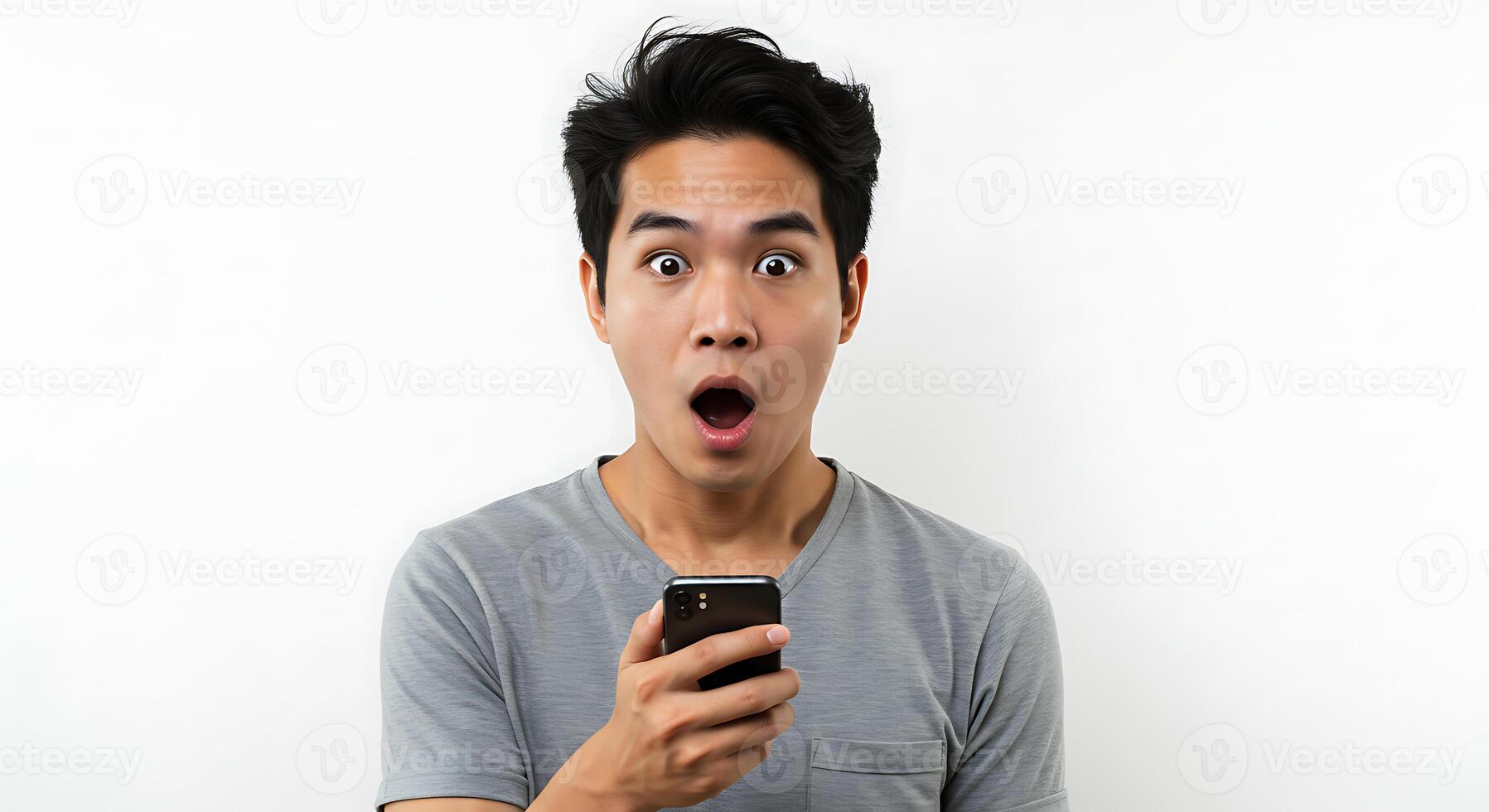 Astonished Man Reacts to Smartphone Surprised Expression Casual Portrait photo