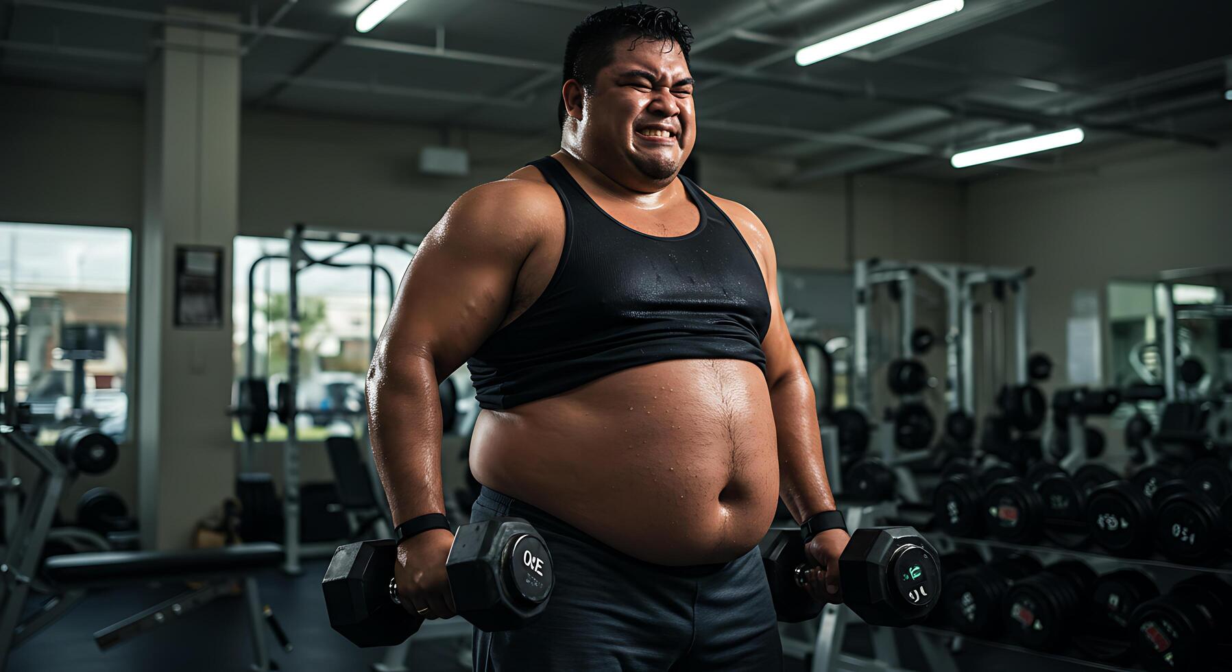 A man with a big belly is holding two dumbbells photo