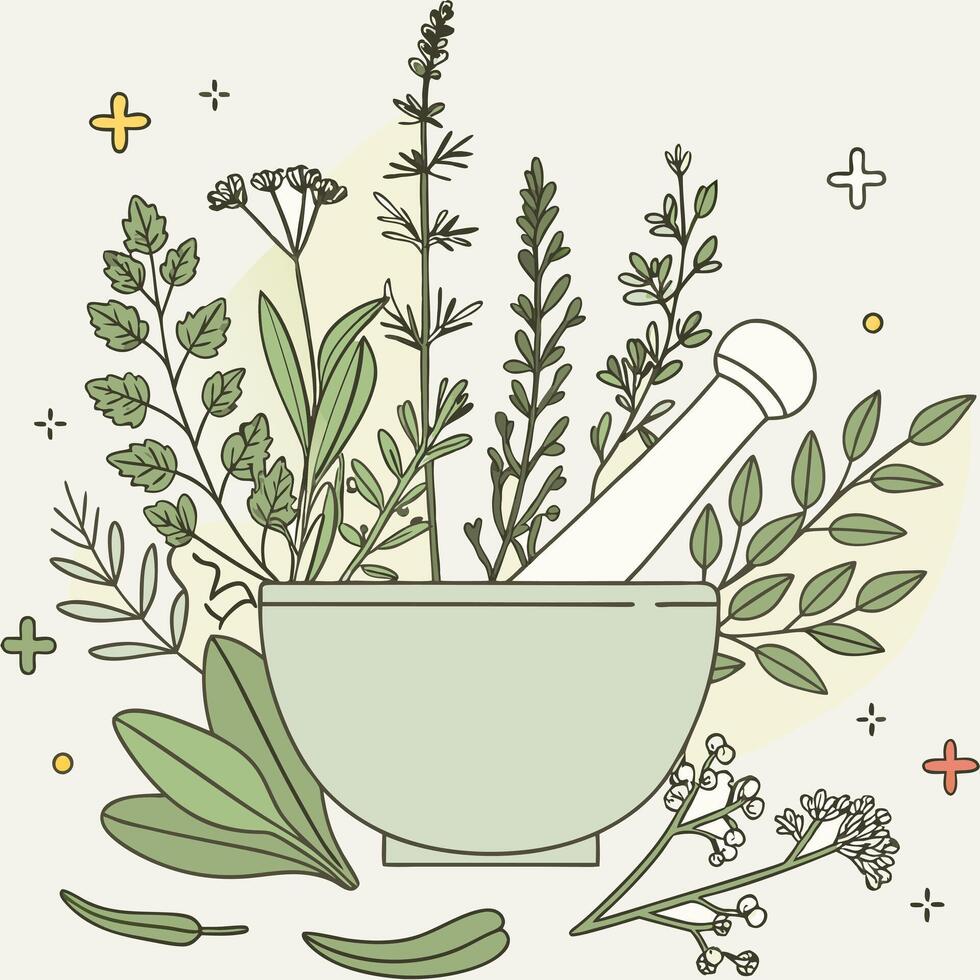 Herbal Remedy Preparation in Mortar and Pestle with Various Medicinal Herbs and Plants vector