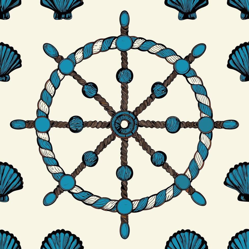 Nautical Ship Wheel with Seashells Pattern Maritime Decor Ocean Theme Coastal Design vector