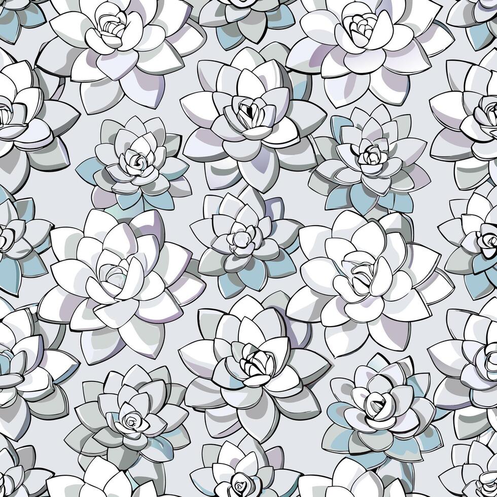 Seamless pattern of succulent plants in shades of gray and blue on a light gray background a beautiful botanical illustration vector
