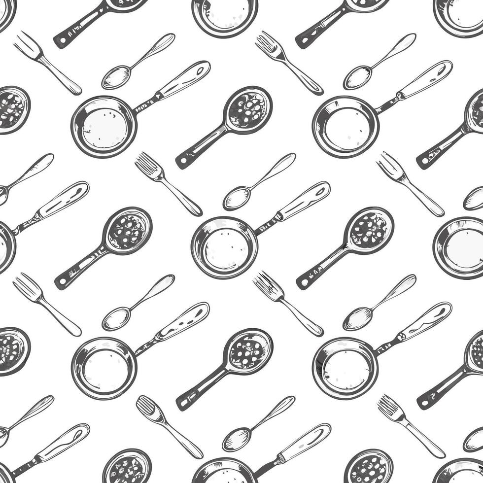 A Seamless Pattern of Kitchen Utensils and Cookware for Cooking and Food Preparation vector