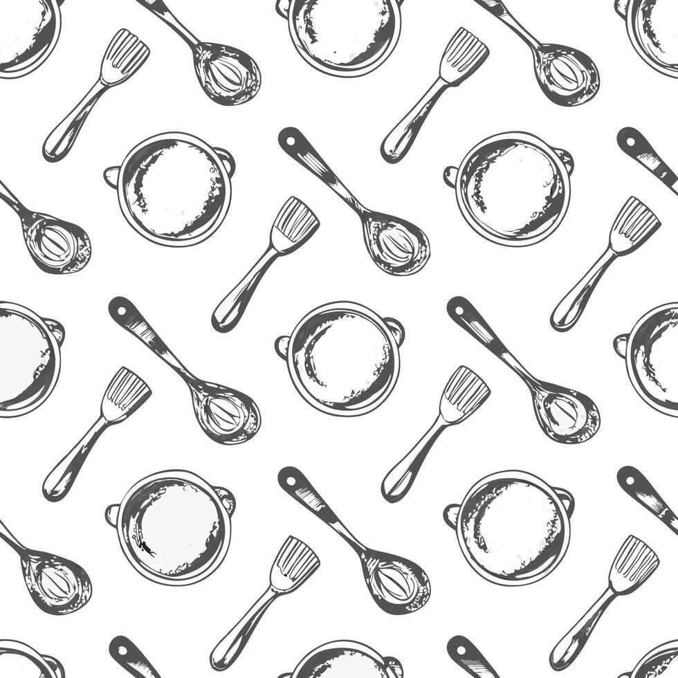 A Seamless Pattern of Hand Drawn Kitchen Utensils and Pots for Cooking and Baking vector