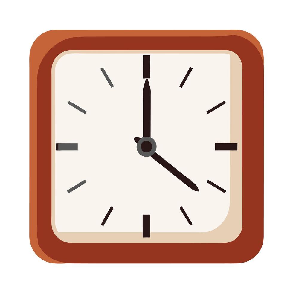 A Simple Square Analog Clock Showing the Time in a Brown Wooden Frame vector