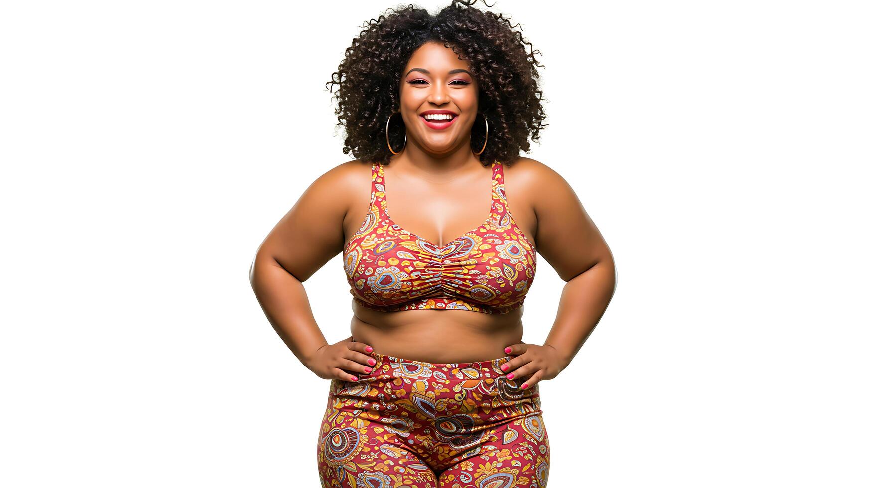 Joyful PlusSize Woman in Vibrant Floral Sportswear photo