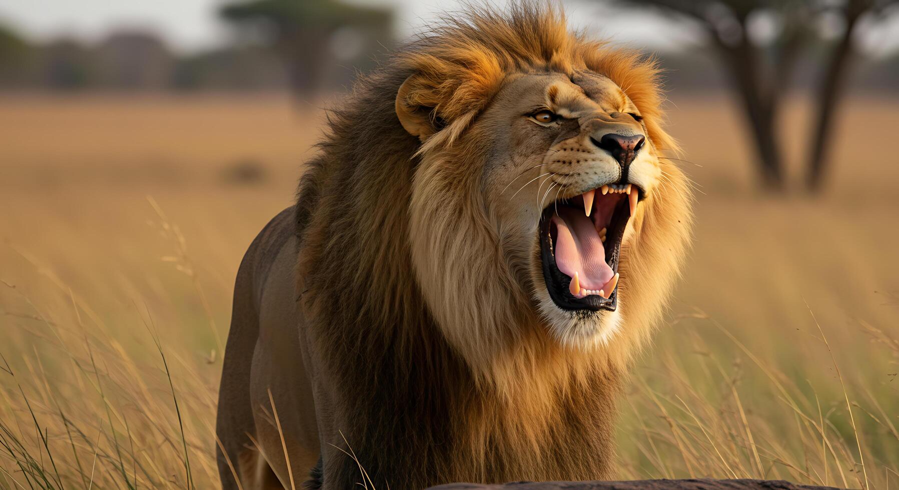 Majestic Roaring Lion in Golden Savanna A Dramatic Wildlife Photograph photo