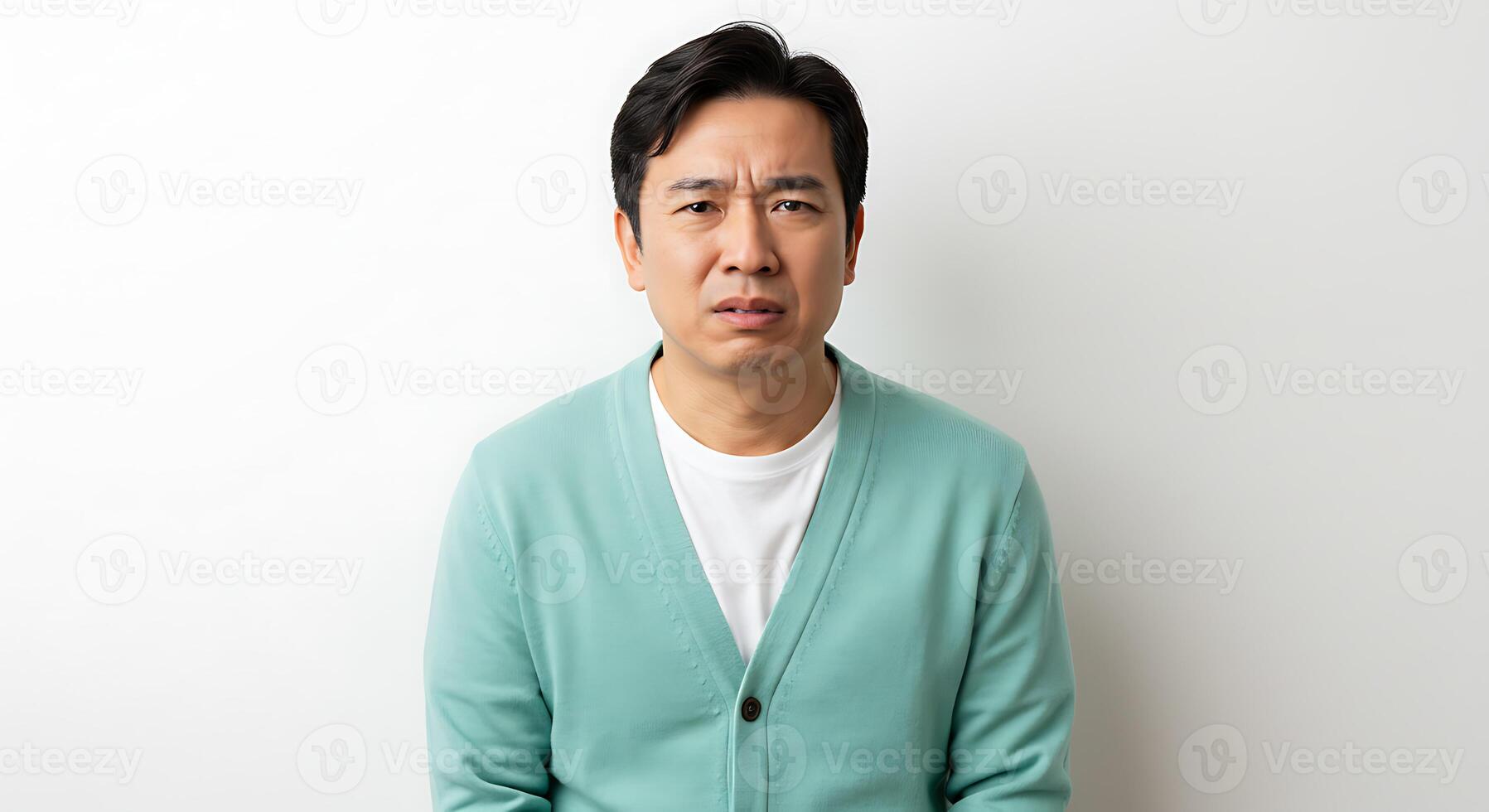 Concerned Man in Mint Green Cardigan A Pensive Portrait photo