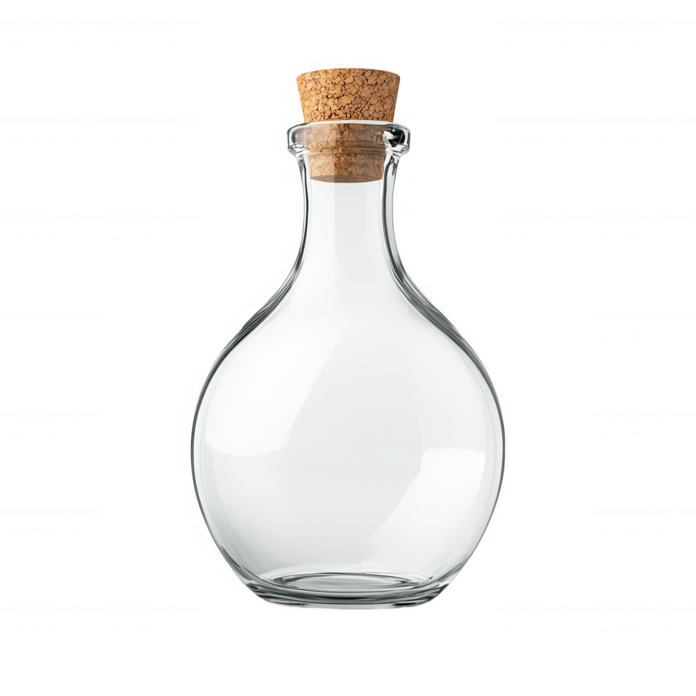Classic glass bottle with cork, minimalist design, ideal for storage or decoration. Perfect for showcasing liquids or as decorative piece in any setting png