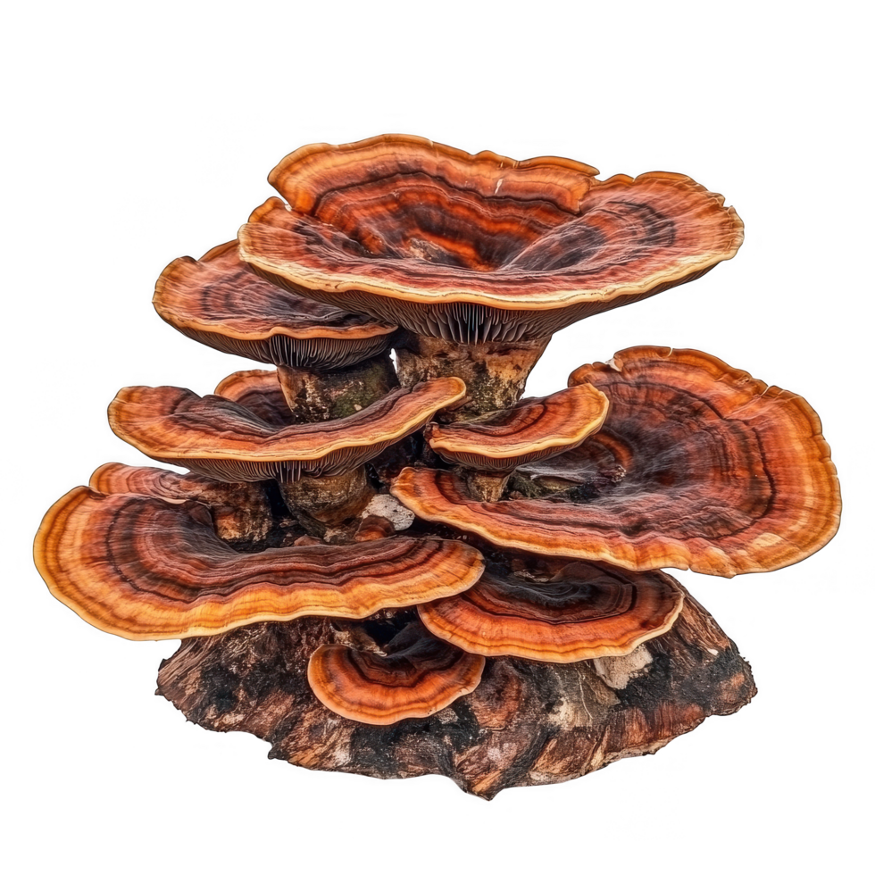 Reishi mushroom, also known as Ganoderma lucidum, features woody, reddish brown layers with unique texture. This medicinal fungus is often associated with health benefits and traditional remedies png