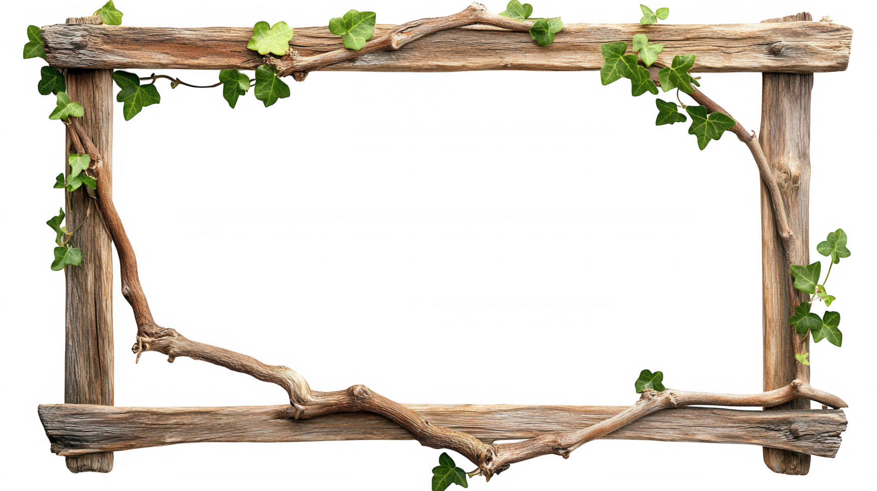 Rustic wooden picture frame adorned with ivy vines, perfect for showcasing cherished memories. natural elements create warm and inviting atmosphere png