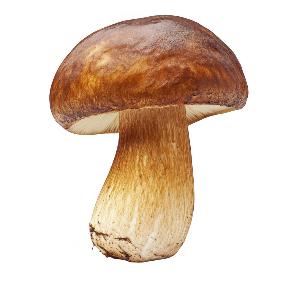 Porcini mushroom with thick stem and brown cap, showcasing its natural beauty and texture. This edible fungus is popular in culinary dishes and adds rich flavor png
