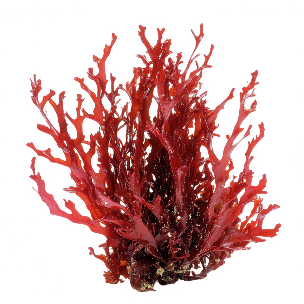 Red branched seaweed, known as Gracilaria, showcases vibrant colors and intricate structures, often found in marine environments. Its unique appearance adds beauty to underwater landscapes png