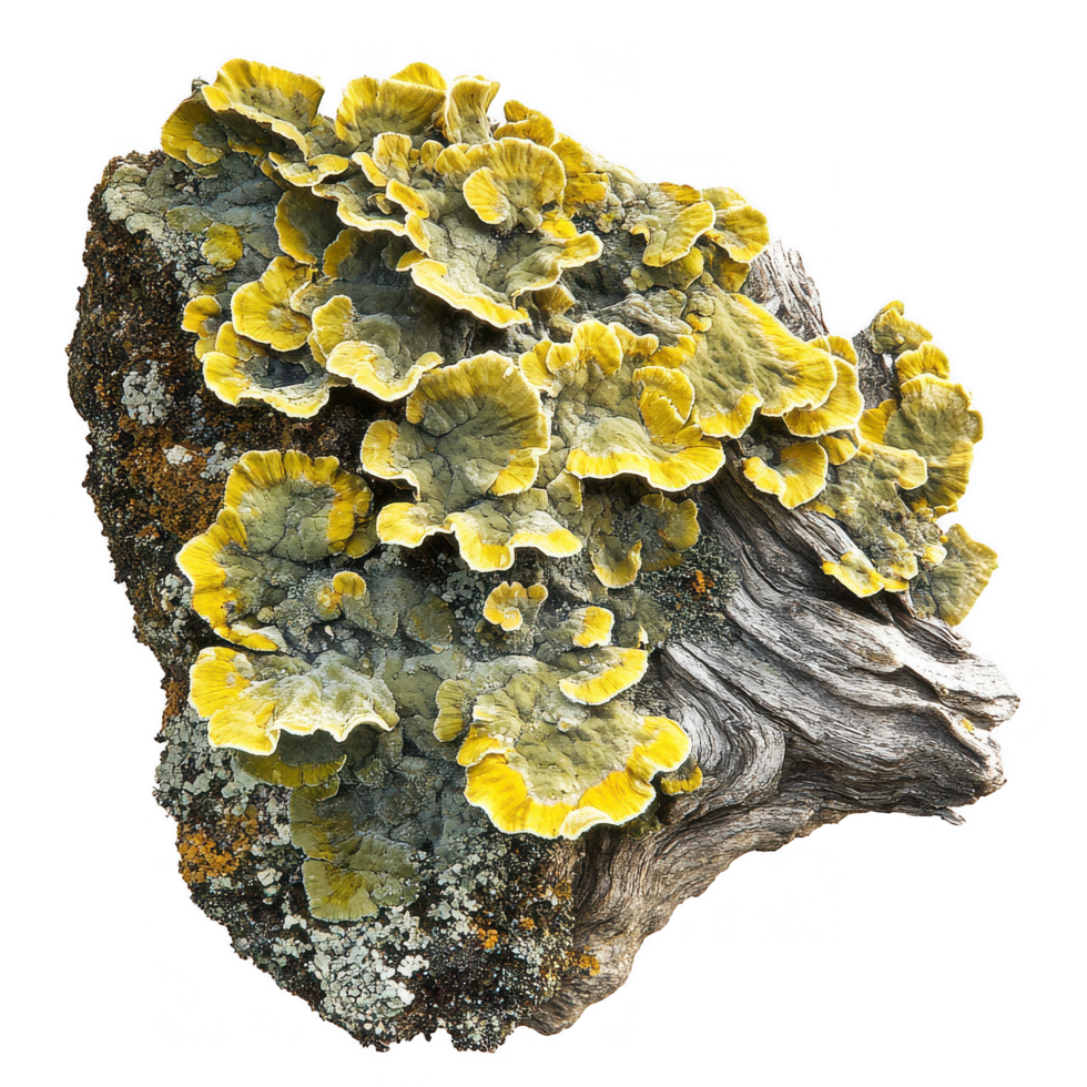 Lichens growing on textured surface, showcasing vibrant yellow and green colors. This unique symbiotic organism thrives in various environments, adding beauty to natural landscapes png