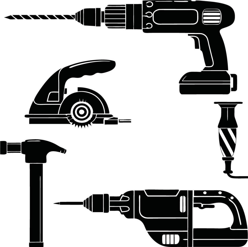 Collection of Black and White Power Tools Including Drill Hammer and Circular Saw vector