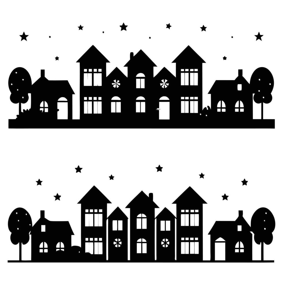 Two silhouettes of houses and trees at night vector