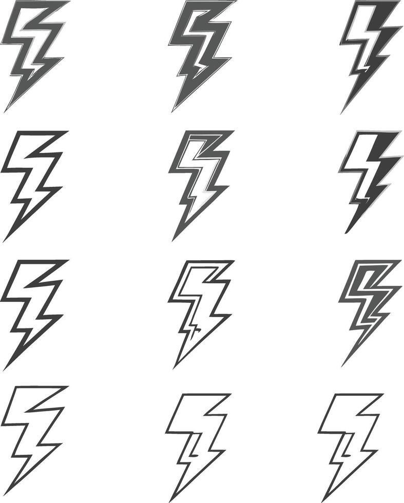 Collection of twelve lightning bolt icons in various shades of gray vector