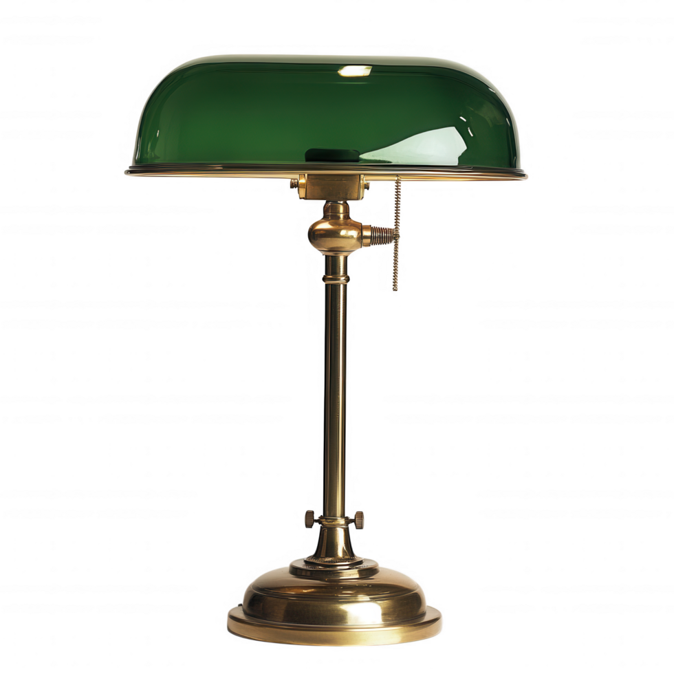 Classic bankers lamp with green glass shade and brass stand, perfect for adding touch of elegance to any workspace or study. Its vintage design enhances ambiance of any room png