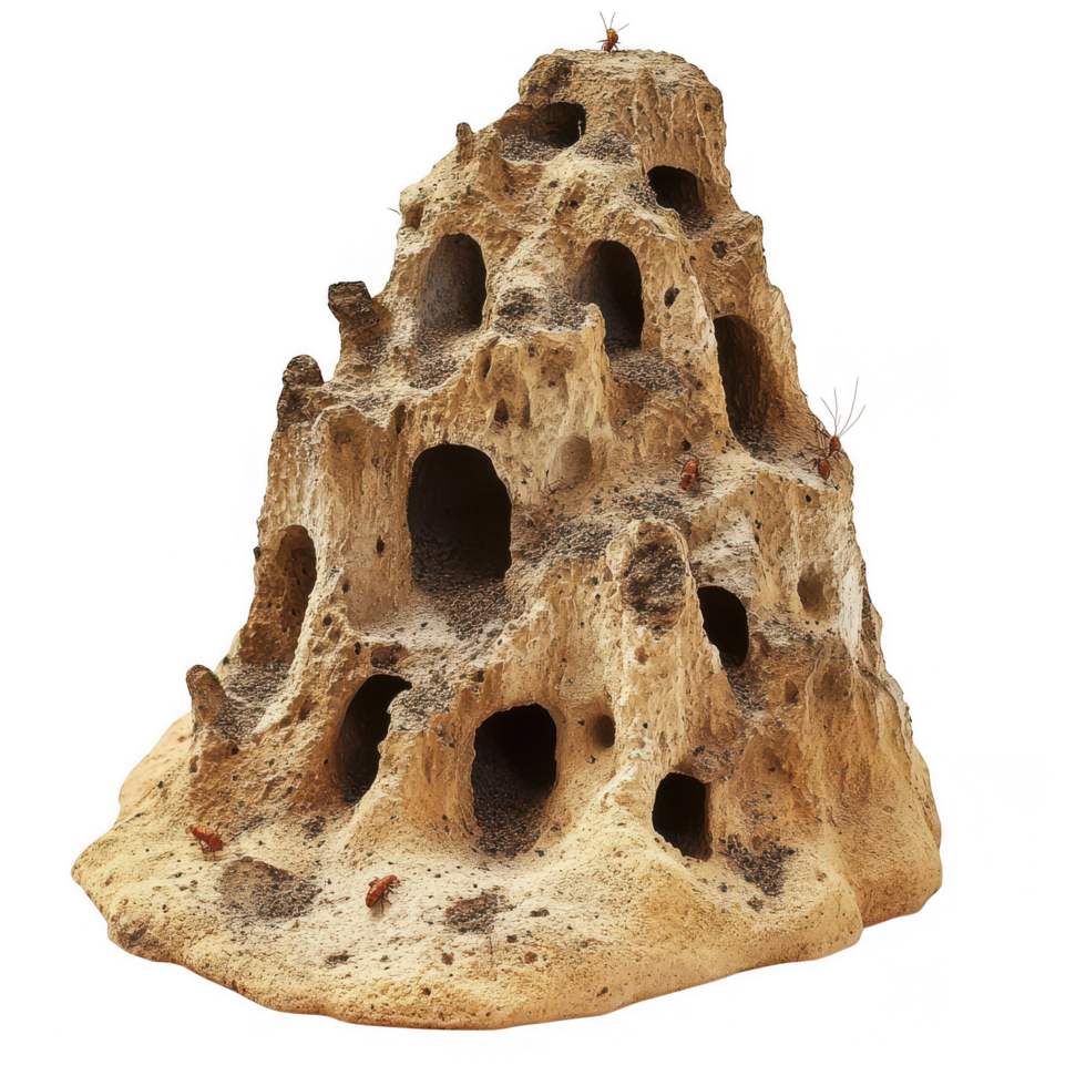 Interconnected termite mound network with multiple small openings, showcasing intricate structures and natural textures. This unique formation highlights complexity of termite architecture png