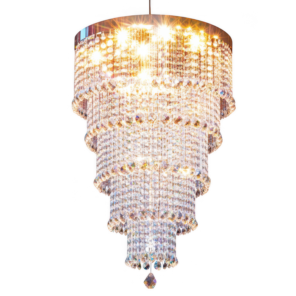 Elegant crystal chandelier with cascading crystals, illuminating any space with luxurious glow. Perfect for adding sophistication to homes or events png