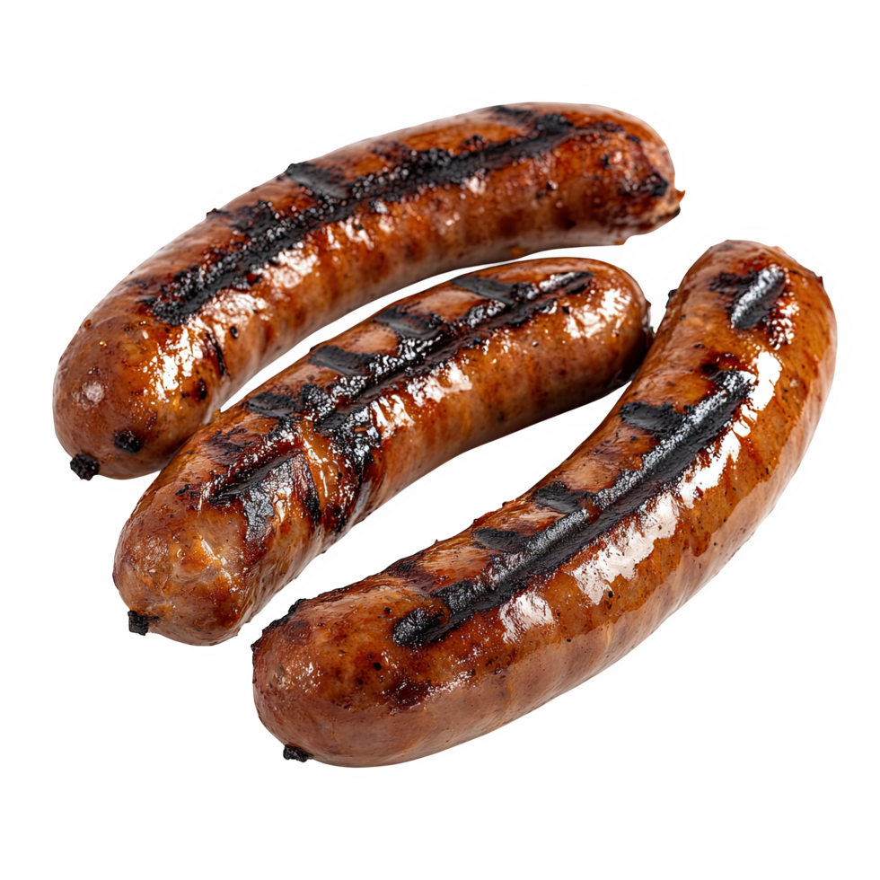Grilled sausage links are charred and juicy, showcasing perfect grill marks that enhance their appetizing appearance. These savory sausages are ideal for barbecues and gatherings png