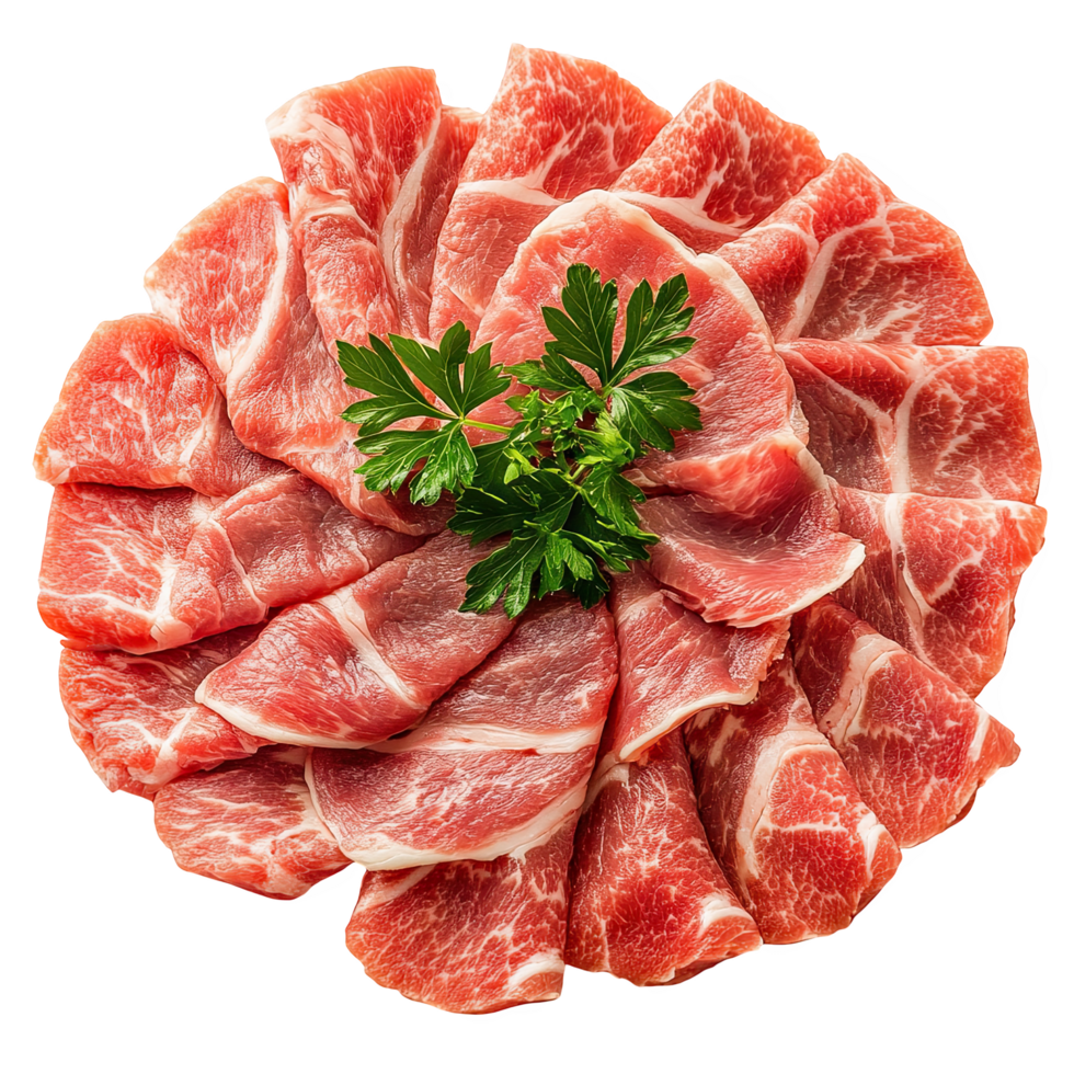 Thinly sliced lamb arranged in circular pattern, showcasing rich marbling and vibrant color, garnished with fresh parsley for appealing presentation png