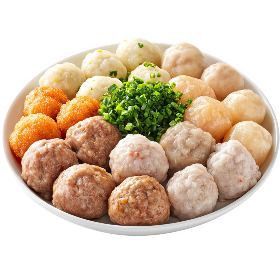 Assorted meatballs including fish balls, pork balls, and various flavors are beautifully arranged on white plate, garnished with fresh green onions, creating appetizing display png