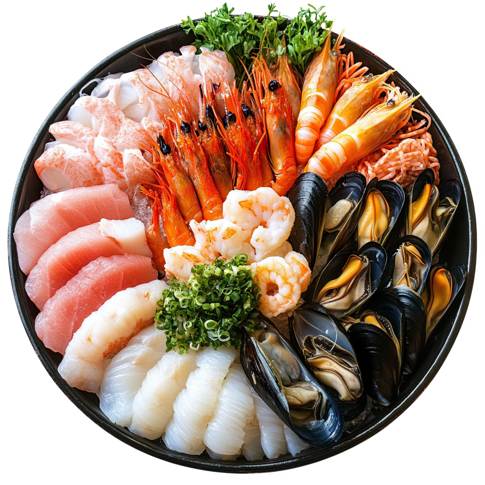 Fresh seafood platter featuring shrimp, squid, mussels, and various fish, beautifully arranged for delightful dining experience. vibrant colors and textures evoke sense of culinary joy png