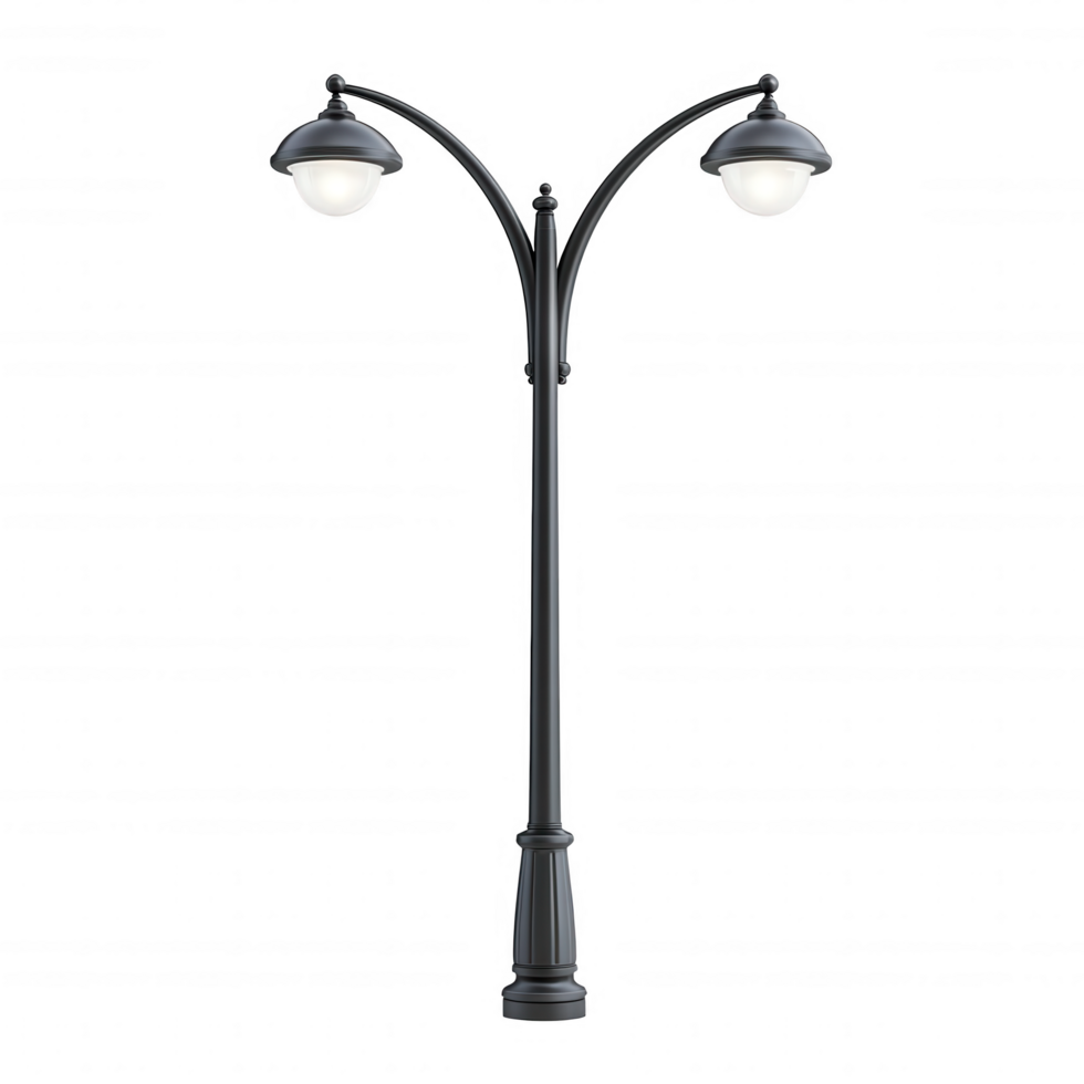 Double headed street lamp with two curved arms and glass globes, ideal for illuminating pathways and enhancing outdoor spaces png