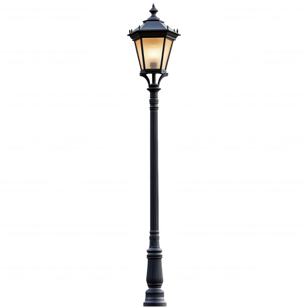 Classic black street light pole with vintage design, illuminating surroundings with warm glow. Perfect for enhancing outdoor spaces and adding charm png