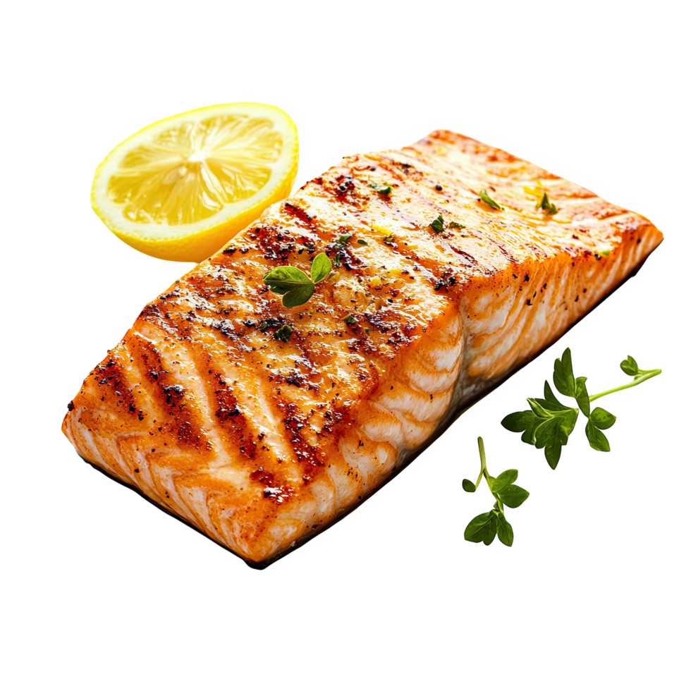 Grilled salmon fillet with crispy skin, garnished with fresh herbs and slice of lemon, exudes mouthwatering appeal that enhances any dining experience png