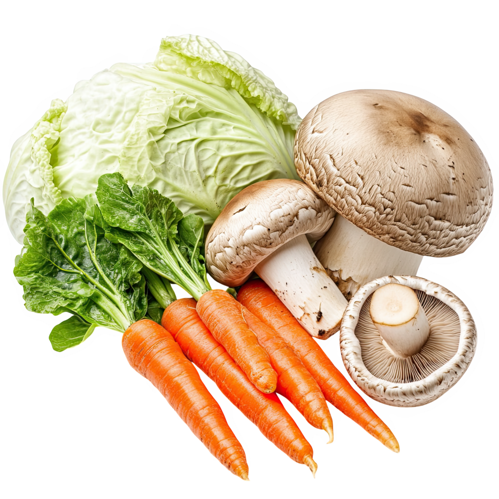 Fresh vegetables including mushrooms, napa cabbage, and carrots create vibrant and healthy display. This colorful assortment is perfect for cooking or salads, evoking sense of freshness png