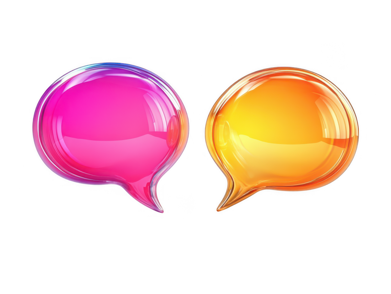 Two vibrant speech bubbles, one pink and one orange, connected for conversation, symbolizing communication and dialogue. glossy finish adds modern touch to design png