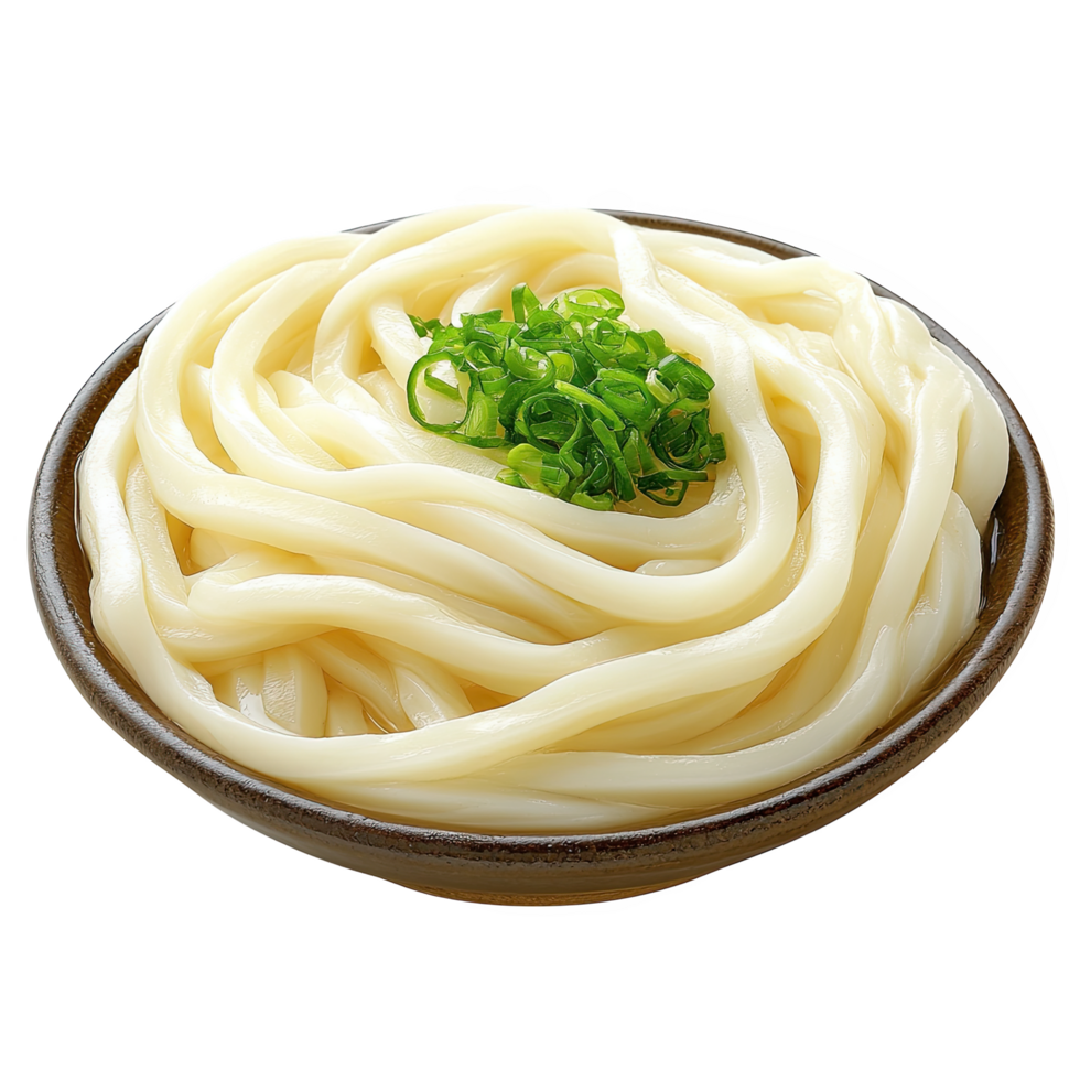 Delicious thick and chewy udon noodles served in bowl, garnished with fresh green onions, perfect for comforting meal or hot pot png