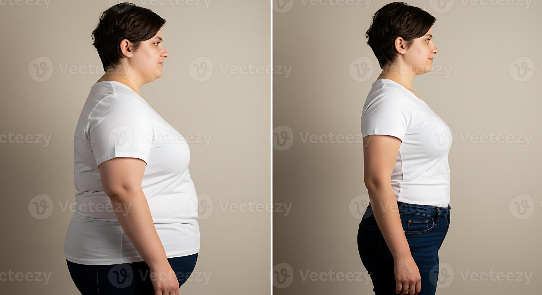 Womans Before After Weight Loss Transformation A Simple SideProfile Comparison photo