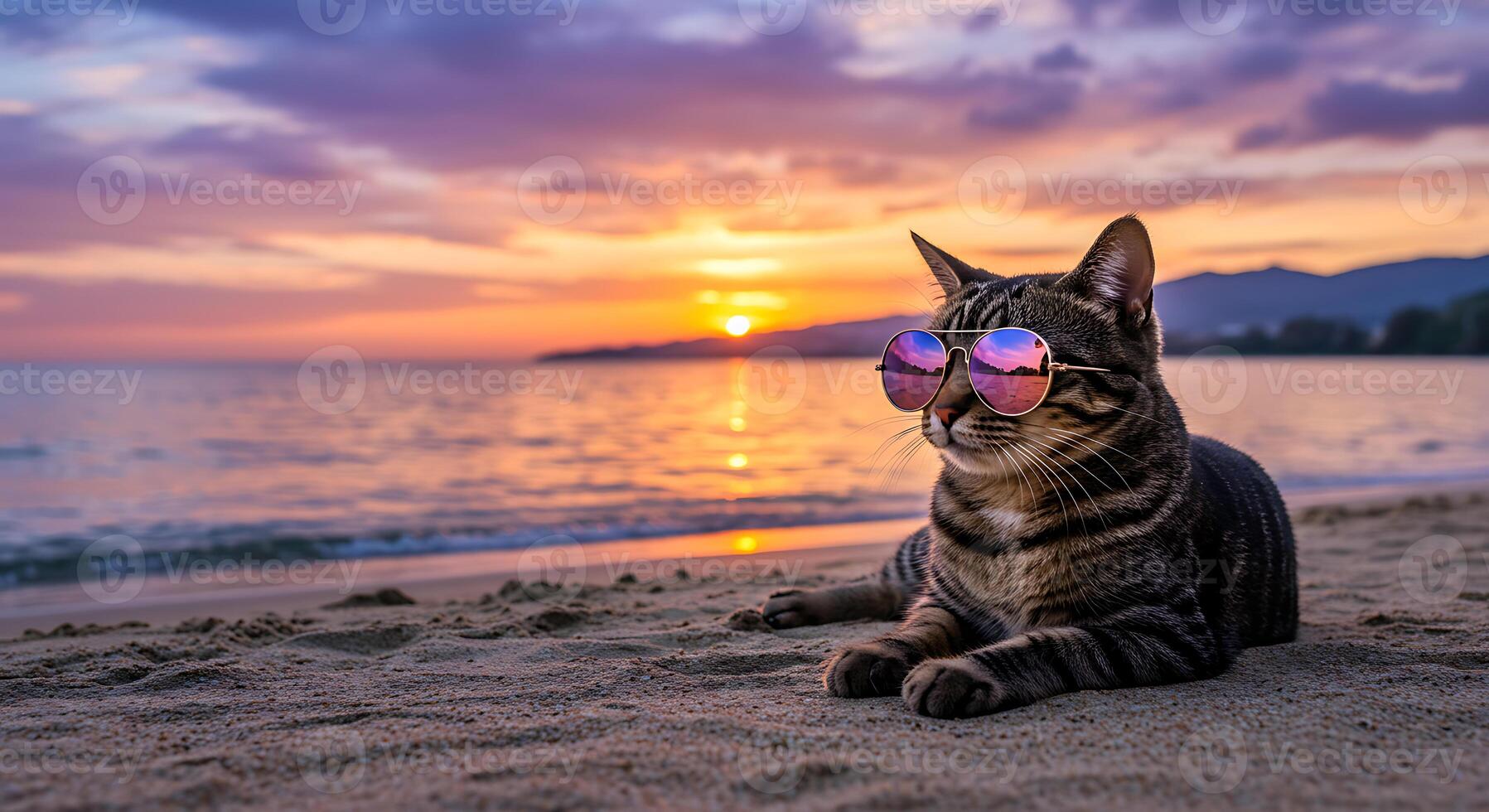Cool Cat in Sunglasses at Sunset Beach Serene Coastal Scene photo