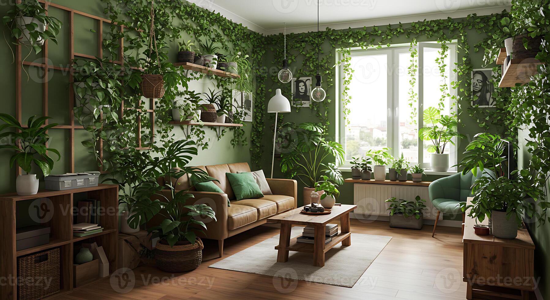 Lush Green Living Room A Serene Botanical Interior Design photo