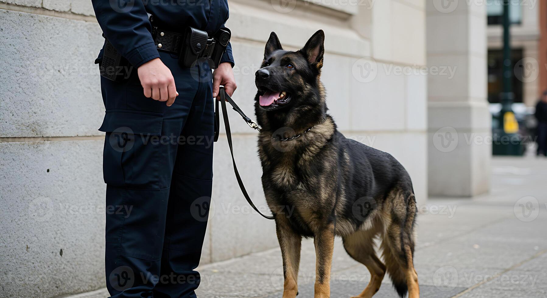A police officer standing next to a german shepherd dog photo
