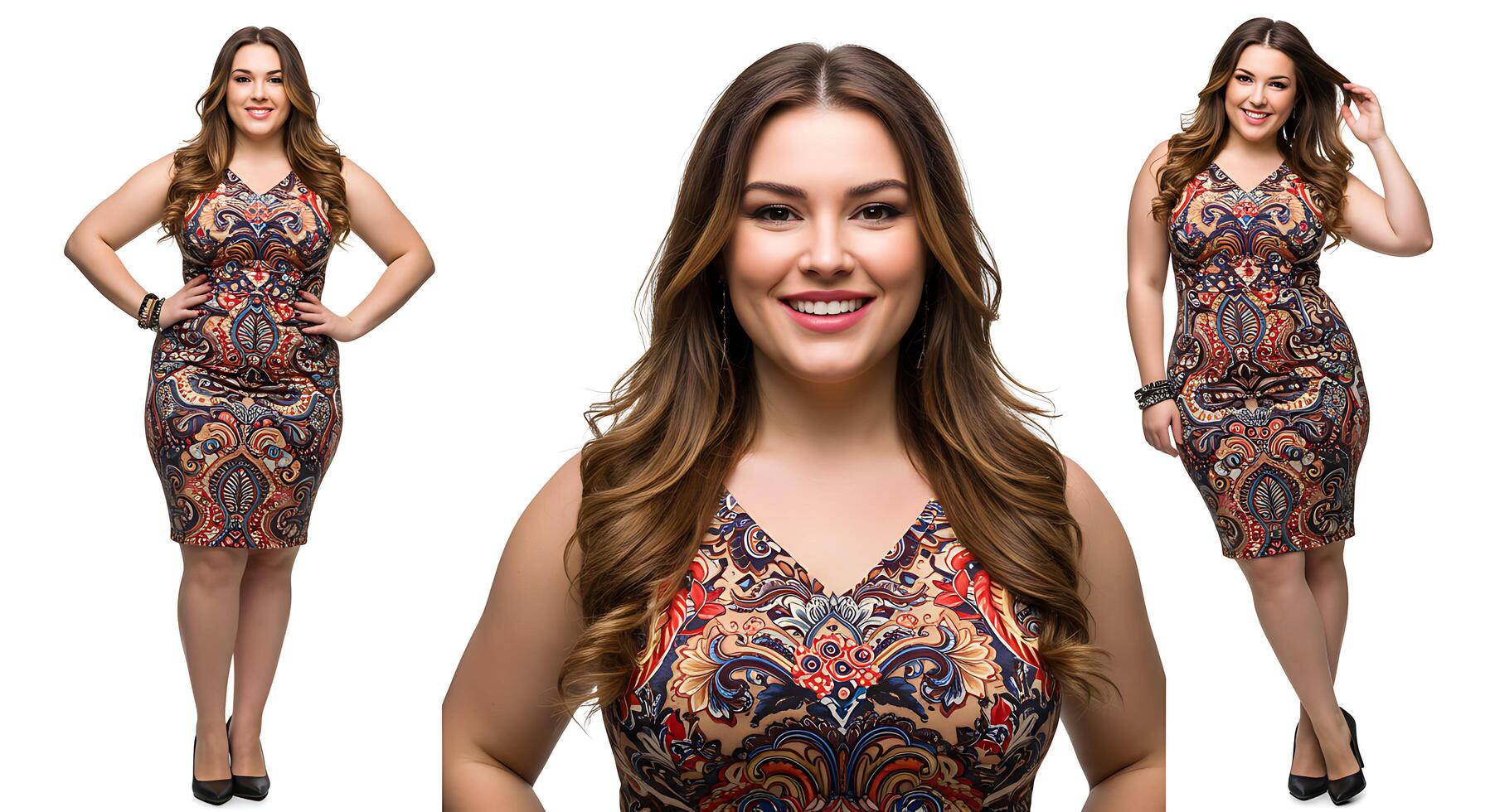 Three different pictures of a woman in a dress photo