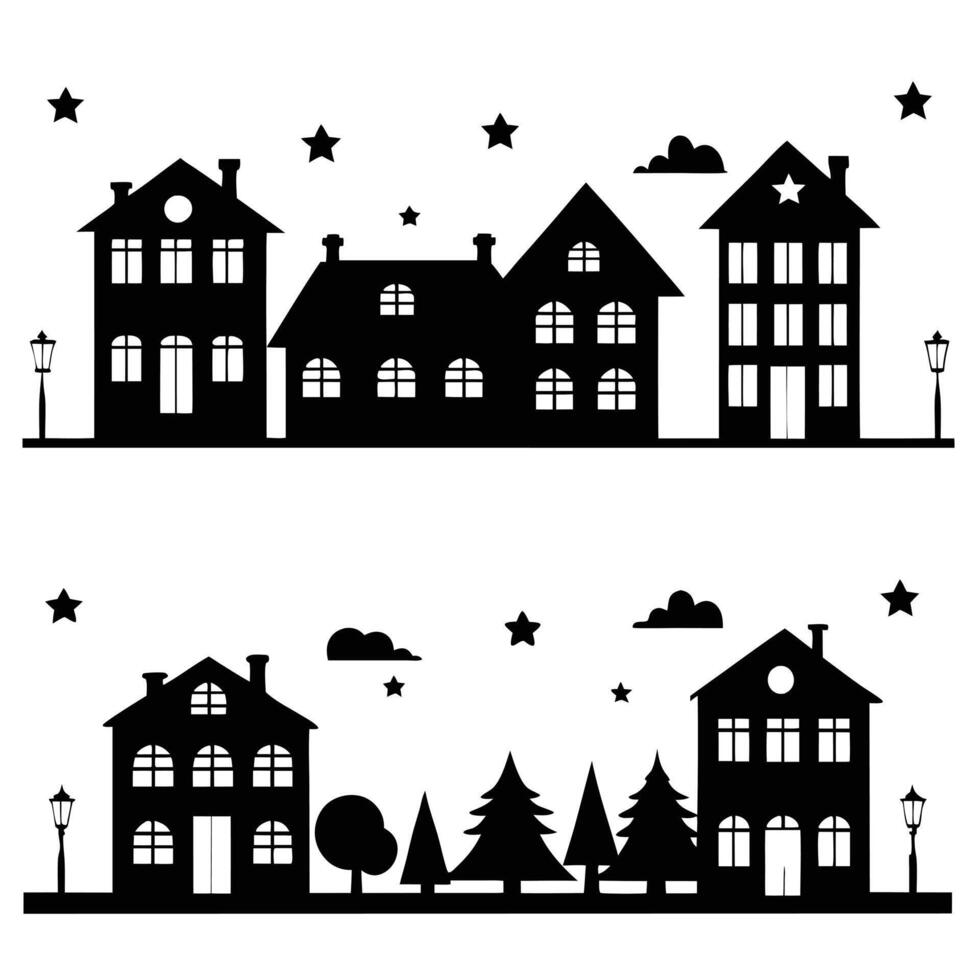 Black and white city silhouettes with trees and houses vector