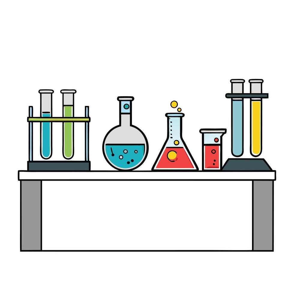 Laboratory Experiment Setup with Test Tubes Beakers and Flasks on Table vector