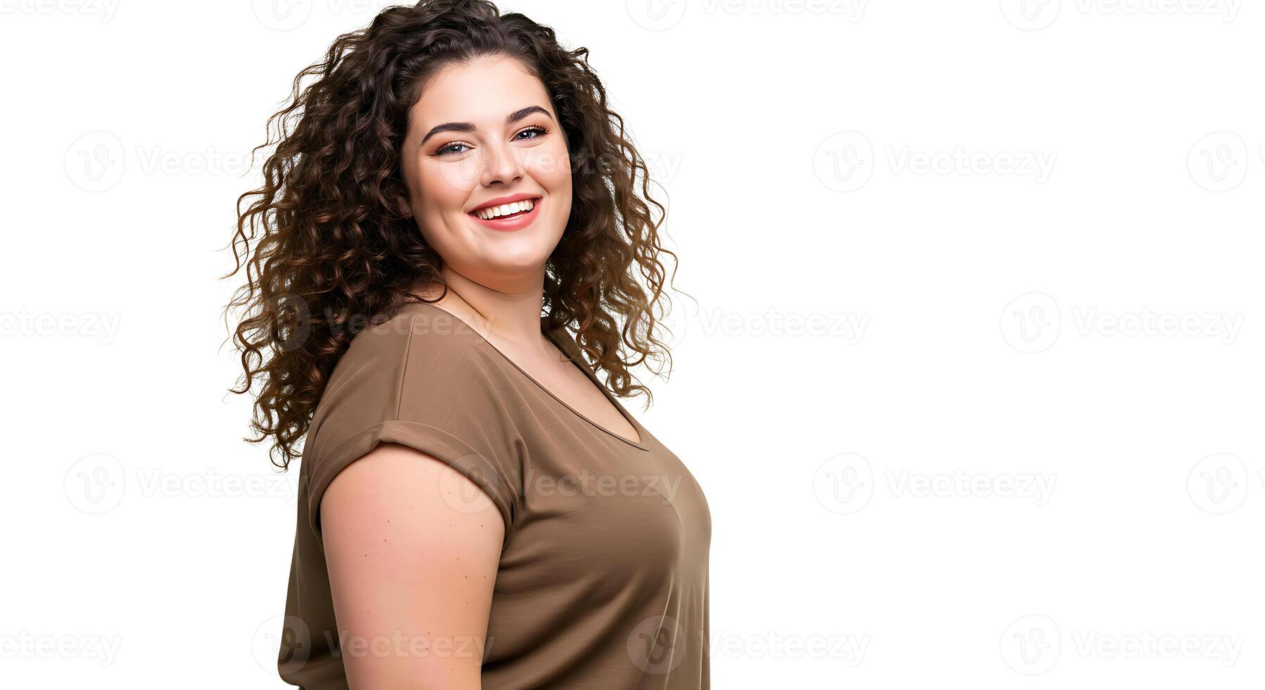 Joyful Woman with Curly Hair in a Brown TShirt A Portrait photo