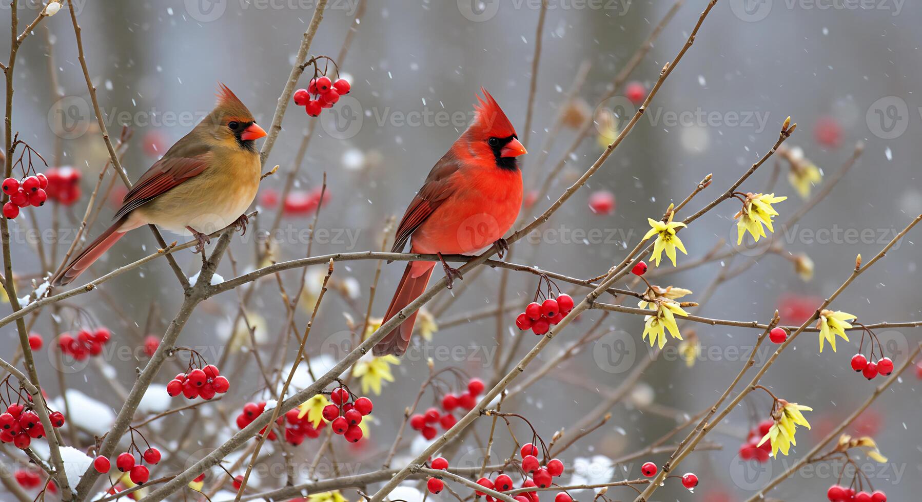 Winter Cardinals A Serene Snowfall Scene with Vibrant Red Birds photo