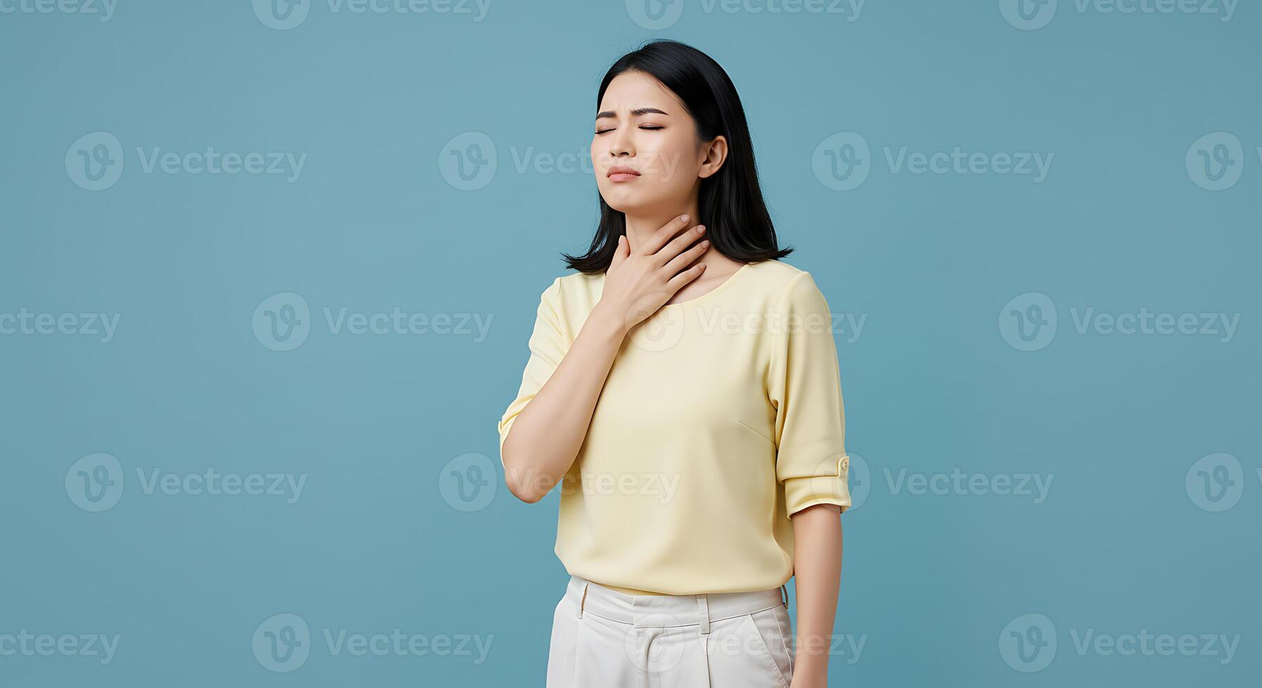 Woman Feeling Sore Throat Minimalist Portrait in Pastel Hues photo