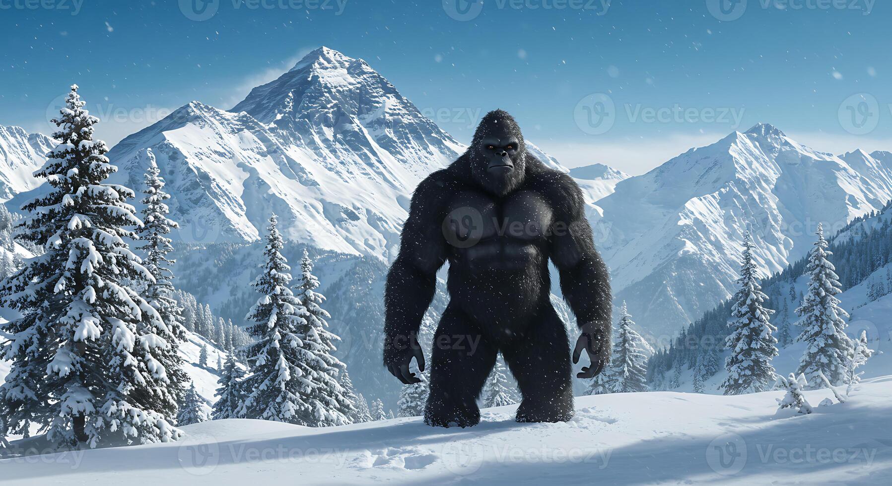 Majestic Gorilla in Snowy Mountain Landscape A Dramatic Winter Scene photo
